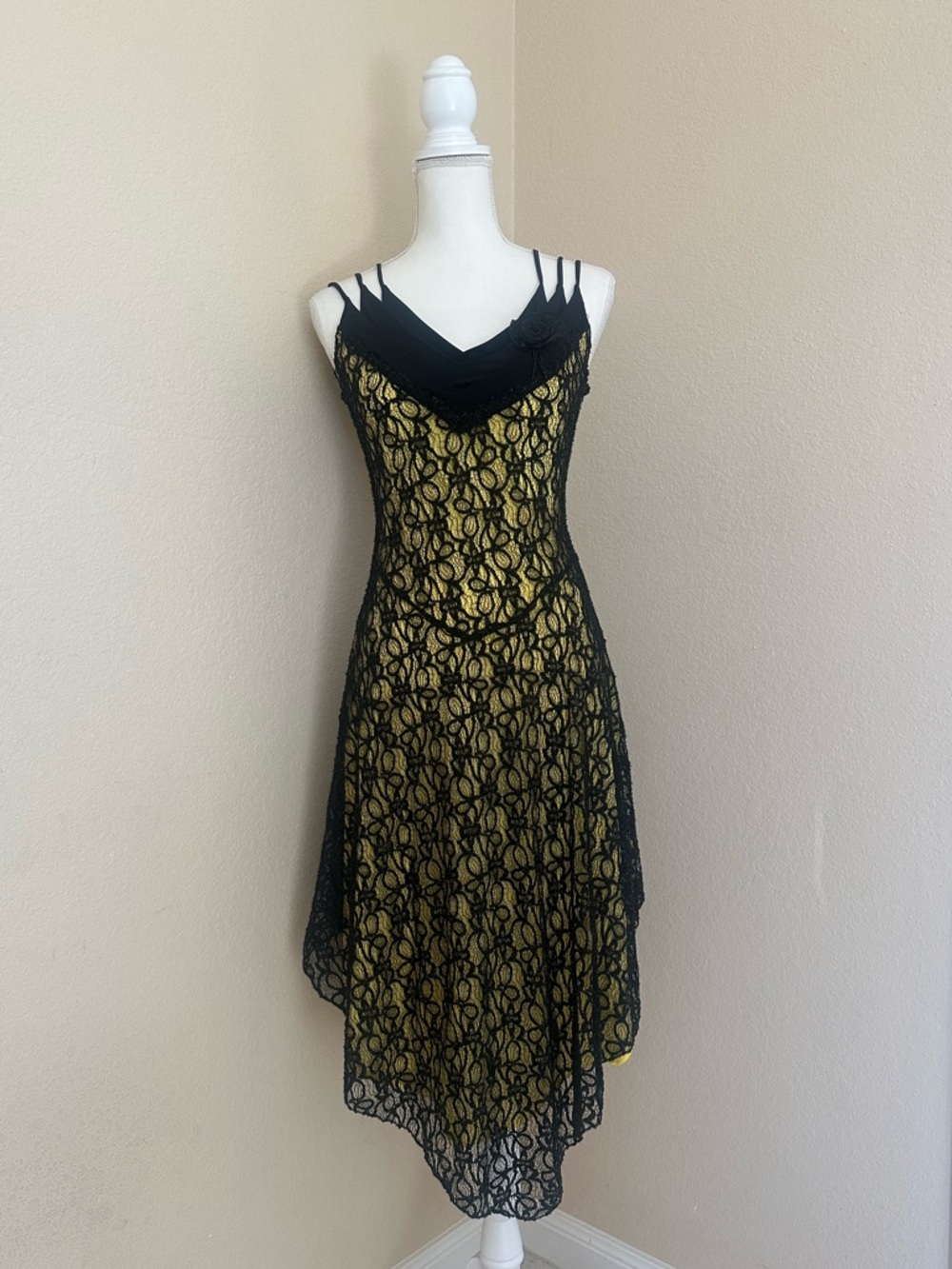 Yellow Black Lace Overlay High Low Dress S Whimsigoth Victorian Y2K V Neck